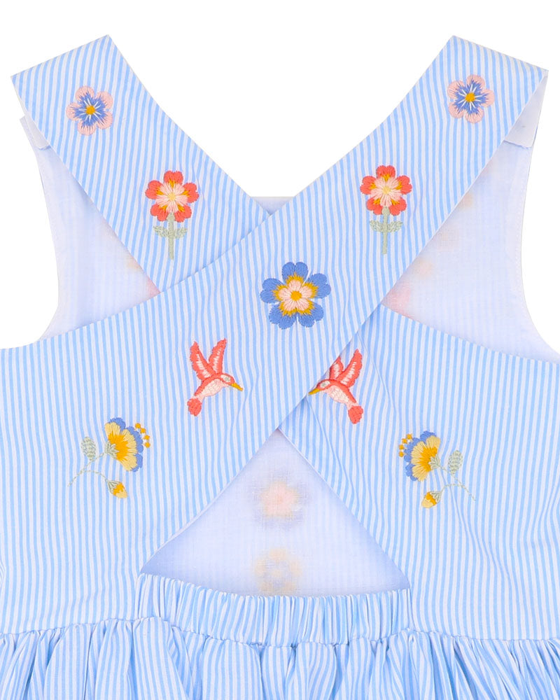 Songbird Embroidered Stripe Cross Back Dress