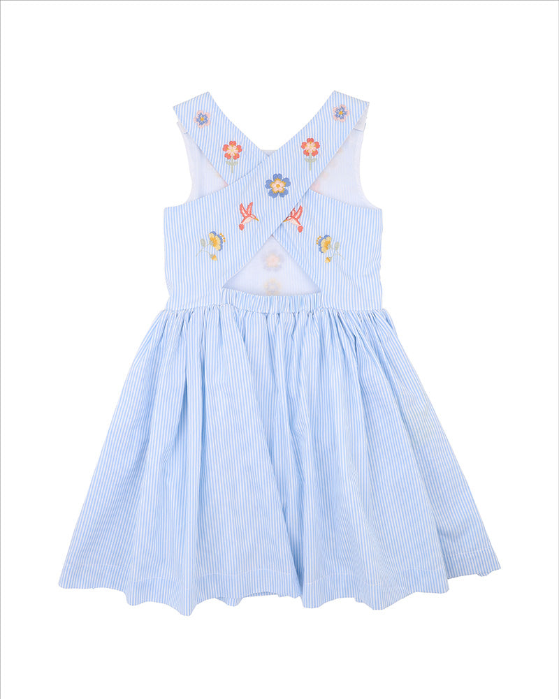 Songbird Embroidered Stripe Cross Back Dress