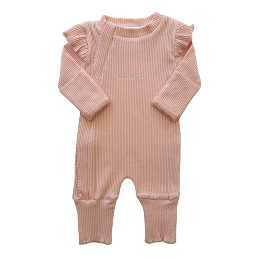 Frill Ribbed Zip Onesie Powder Pink