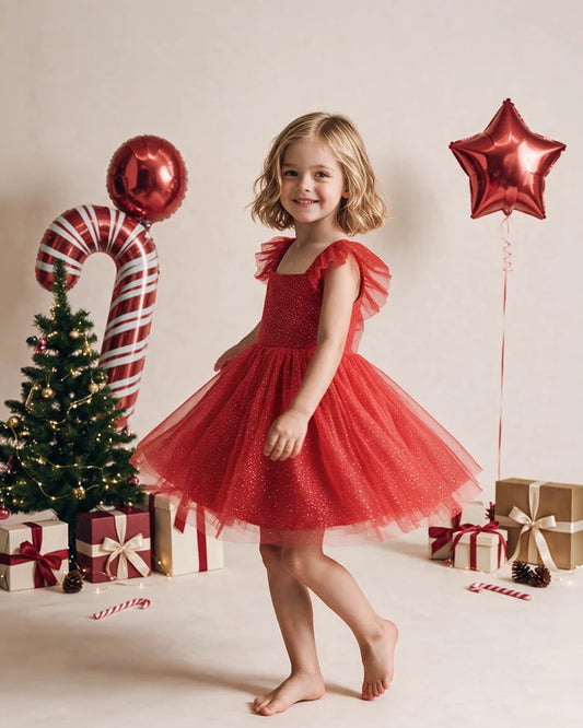 Festive Red Glitter Tulle Dress (1-7y)