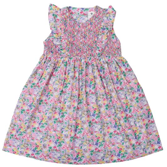 Hand Smocked Floral Dress - Beige