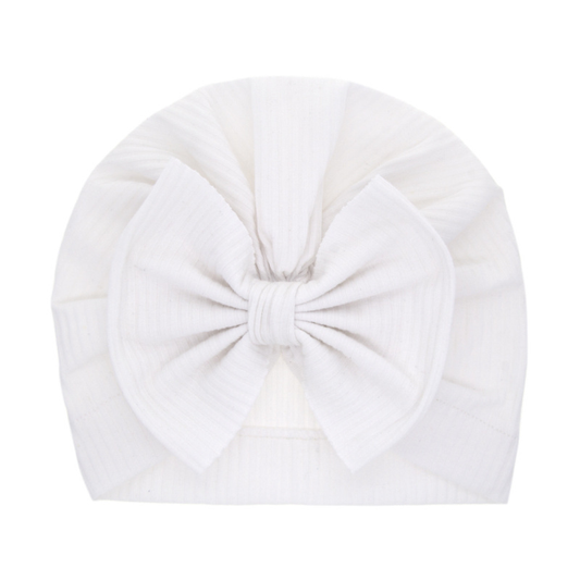 Ribbed Bow Bonnet - White