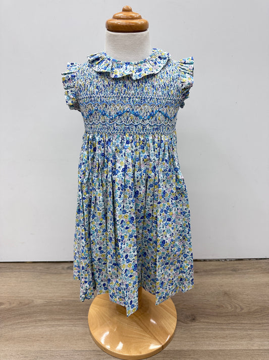 Smocked Embroidered Dress - Sky