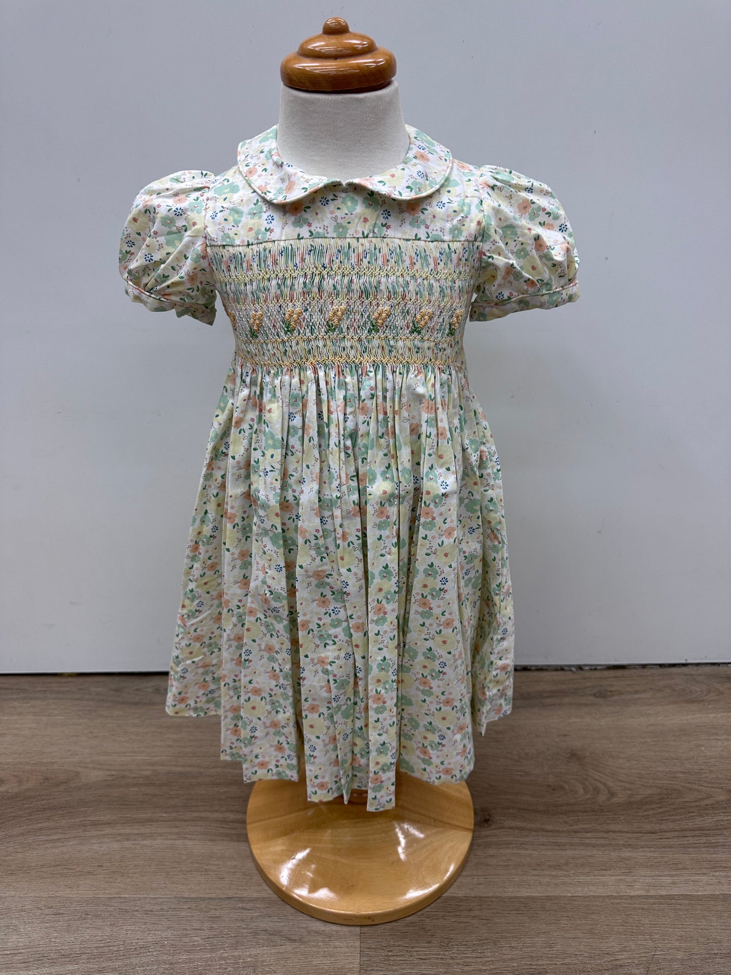 Short Sleeve Smocked Embroidered Dress - Wattle