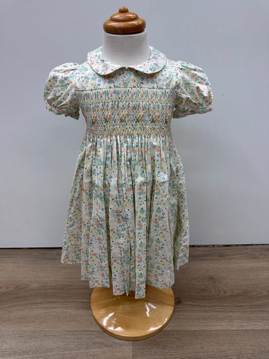 Short Sleeve Smocked Embroidered Dress - Wattle
