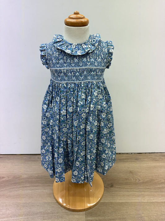 Smocked Embroidered Dress - Blue