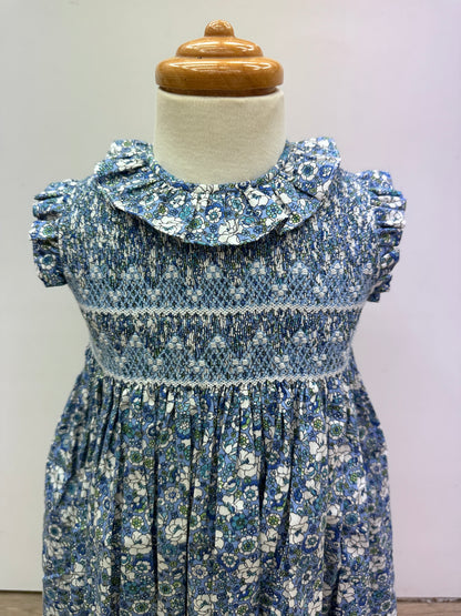 Smocked Embroidered Dress - Blue